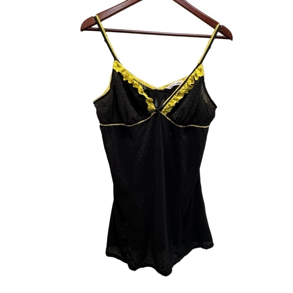La Vie En Rose Lingerie Black & Yellow Polka Dot Babydoll Lace Semi Sheer XL